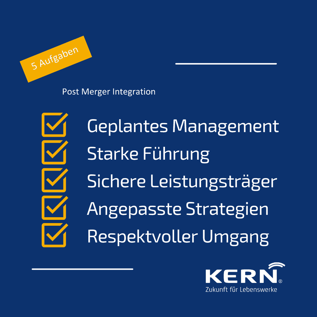 Übersicht der 5 wichtigsten Aufgaben einer Post Merger Integration Grafikübersicht der 5 wichtigsten Aufgaben einer Post Merger Integration