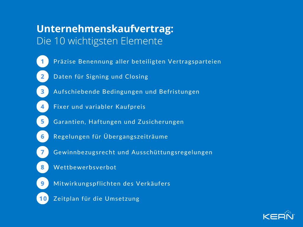 KERN-Die-10-wichtigsten-Elemente-eines-Unternehmenskaufvertrags KERN-Grafik-zu-den-10-wichtigsten-Elementen-eines-Unternehmenskaufvertrags